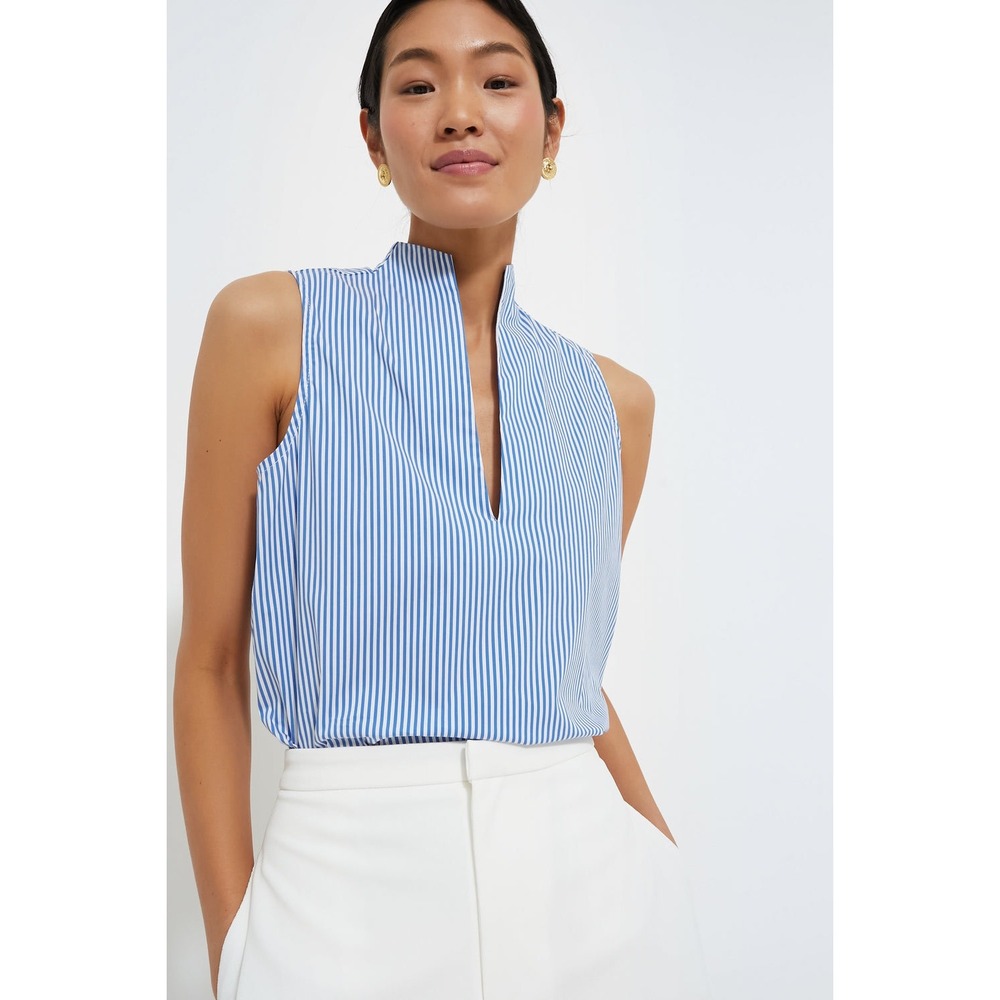 Tuckernuck Blue White Striped Sleeveless V-Neck Stand Collar Blouse Top S B1439